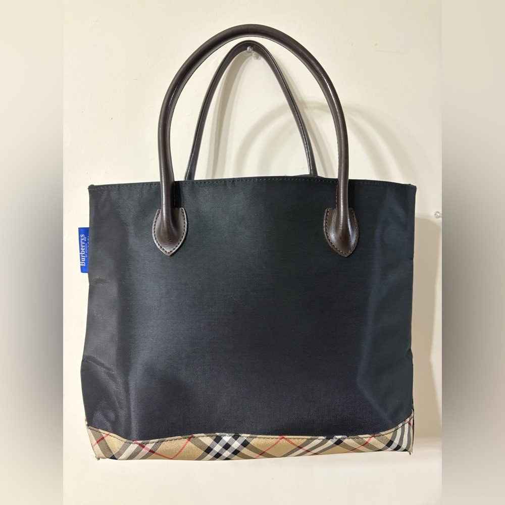 Burberry Black Tote with Check Trim and Brown Handles - Picture 2 of 16
